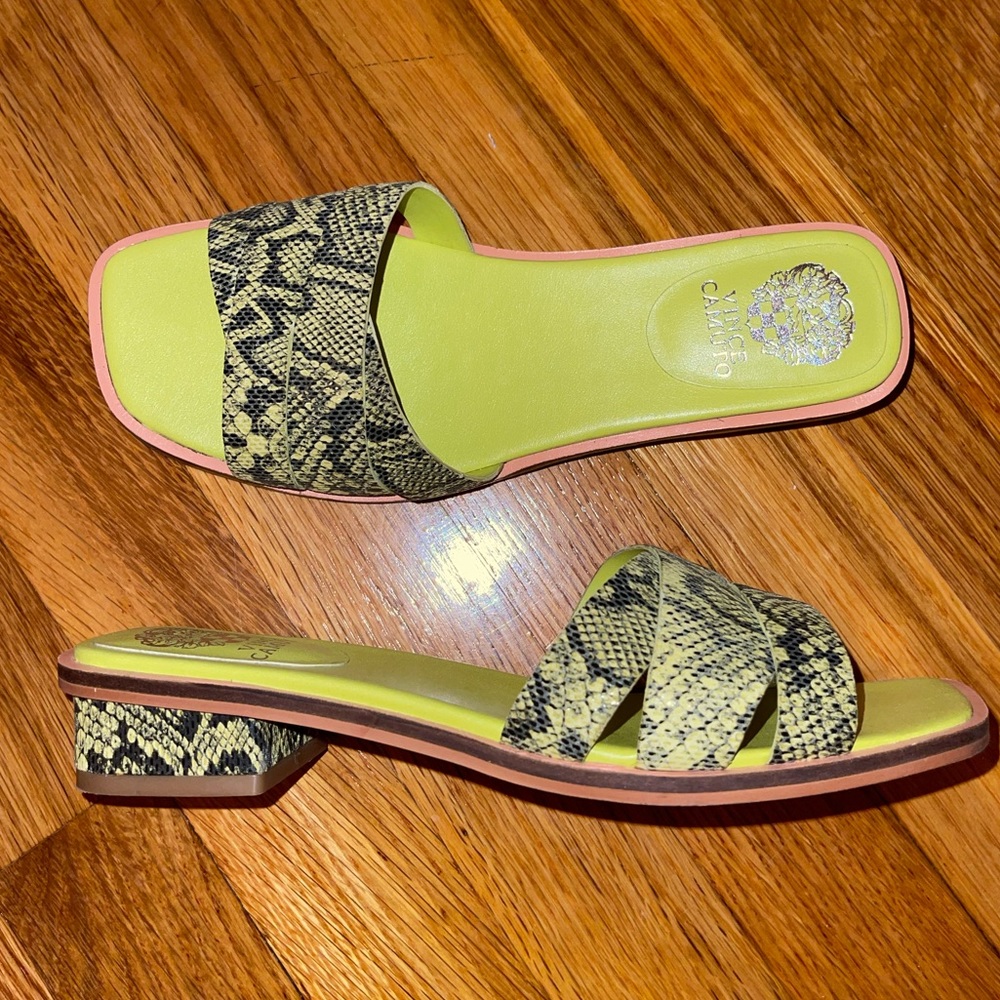 Neon green and black snake skin Vince Camuto sandals